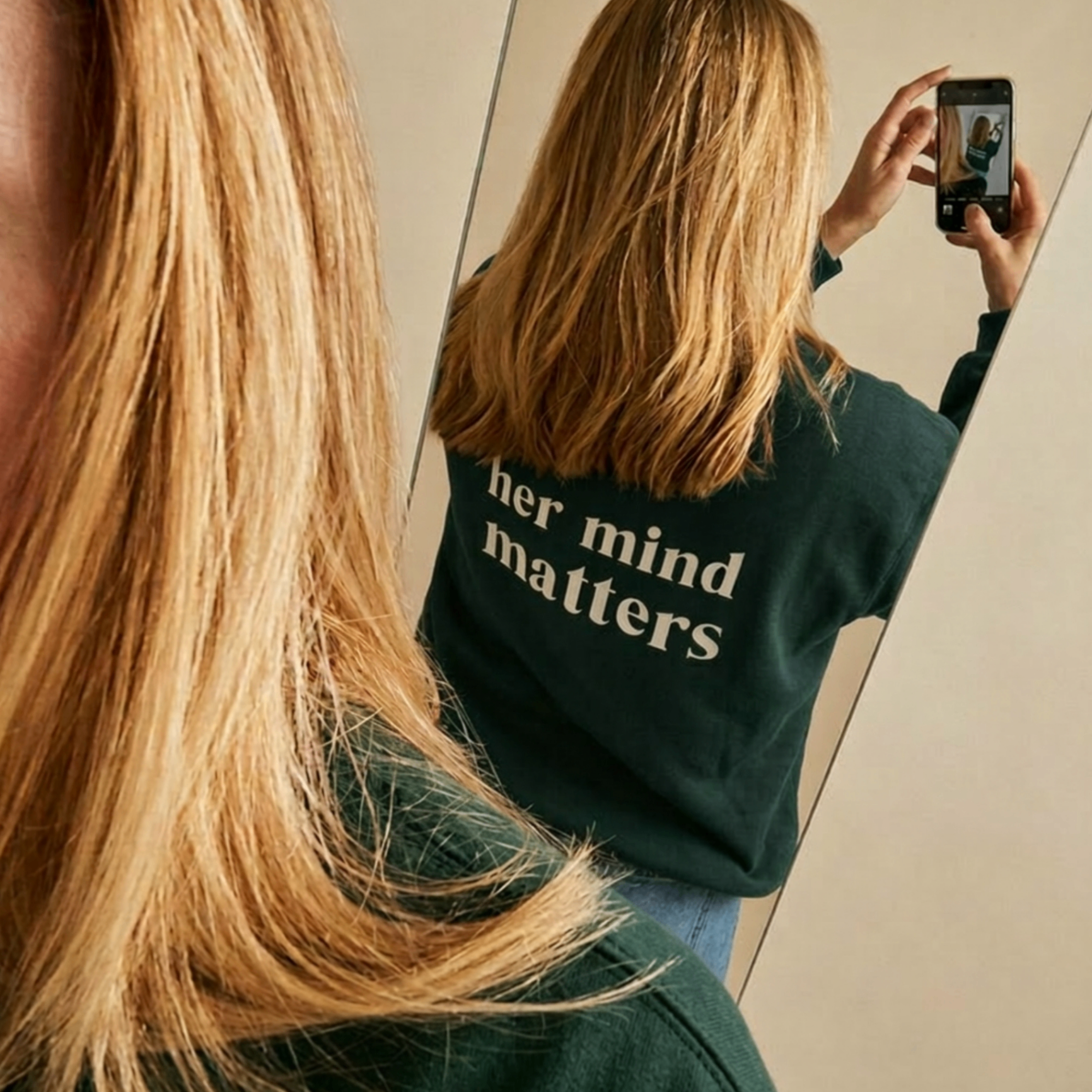 Unisex Jumper in Pine Green — 'her mind matters' back print