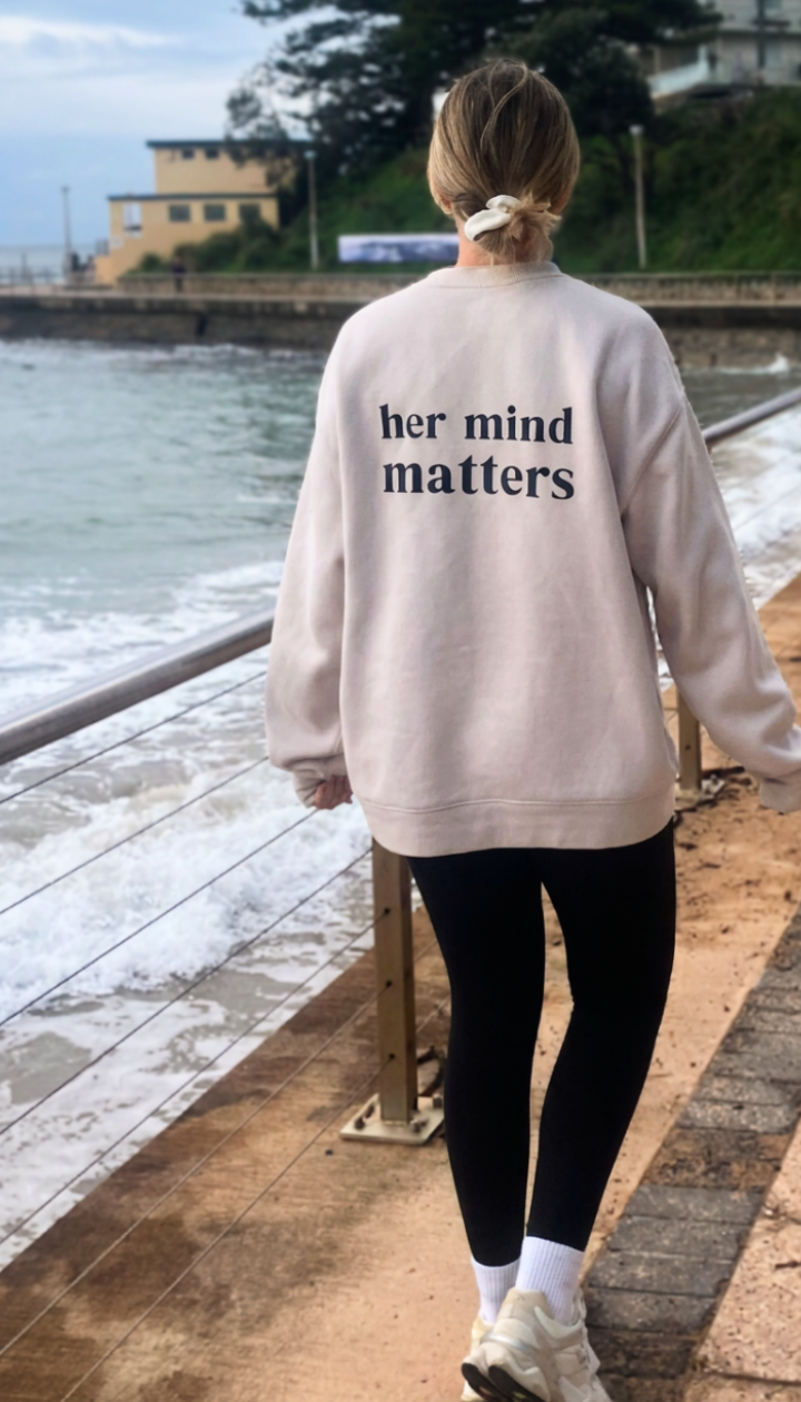 Unisex Jumper in Bone — 'her mind matters' back print